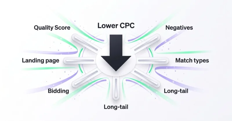 Levers to lower CPC: Quality Score, negatives, match types, long-tail, bidding and landing pages.