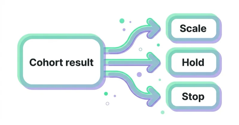 Diagram: Scale, hold or stop: decision rules — Cohort result, Scale, Hold, Stop.