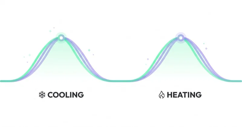 HVAC demand peaks twice a year — a cooling season and a heating season with a shoulder-season dip between.