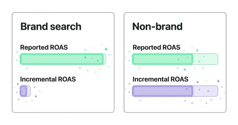 Reported ROAS vs incremental ROAS: brand vs non-brand search.