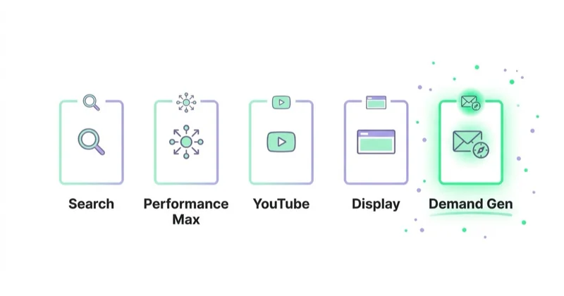 Diagram illustrating demand gen vs search, performance max, youtube and display.