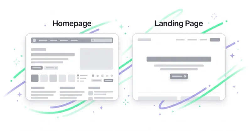 Side-by-side comparison of a homepage with full navigation and many options versus a focused landing page built around one headline and a single call to action.