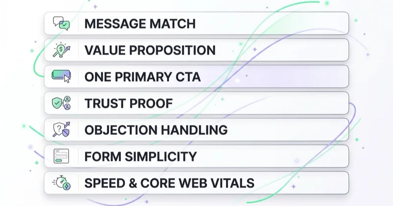 Anatomy of a strong landing page shown as seven stacked layers: message match, value proposition, one primary CTA, trust proof, objection handling, form simplicity, and speed & Core Web Vitals.