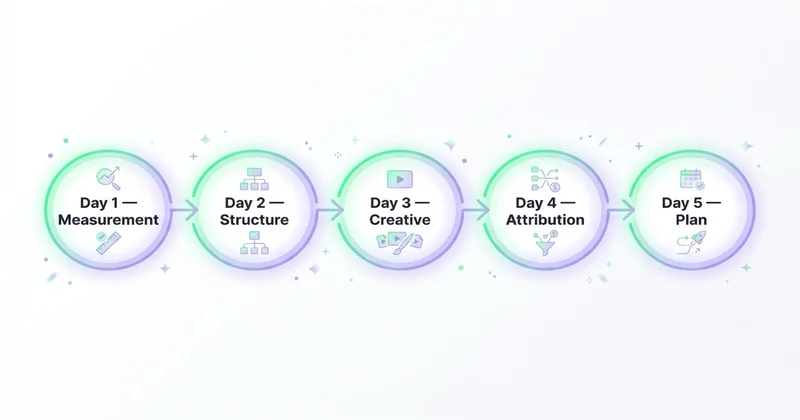 5-day TikTok Ads audit plan: Day 1 Measurement, Day 2 Structure, Day 3 Creative, Day 4 Attribution, Day 5 Plan
