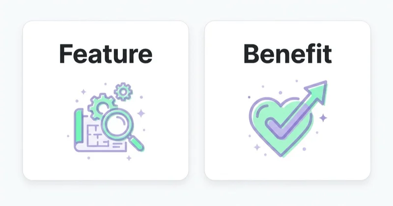 Diagram illustrating benefit-led copy is not hype.