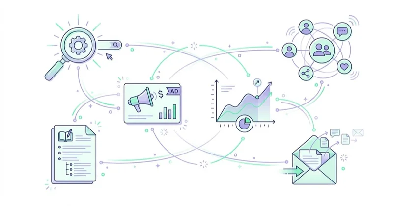 Diagram illustrating digital marketing strategy: how the pieces connect.