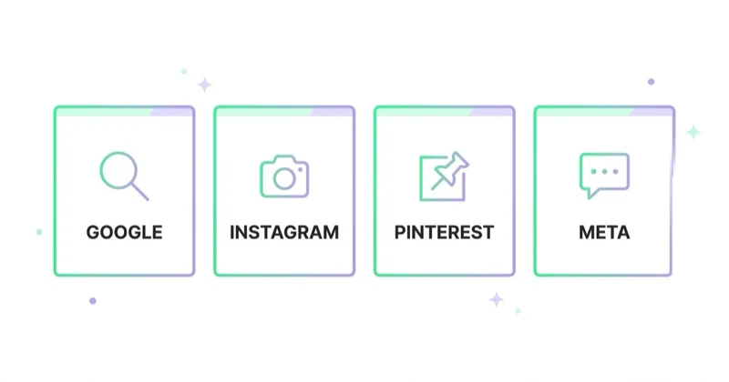 Interior design marketing spans Google, Instagram, Pinterest and Meta — a visual-discovery channel mix.