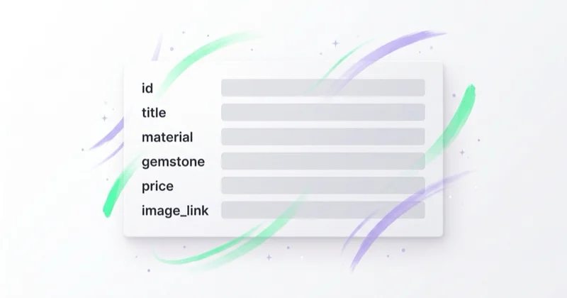 Jewelry product-feed fields in Merchant Center: id, title, material, gemstone, price and image_link.