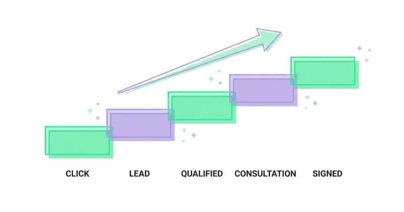 The measurement ladder runs from click and lead through qualified inquiry and consultation to a signed matter.