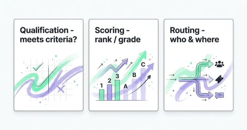 Diagram illustrating lead qualification, scoring and routing are different jobs.
