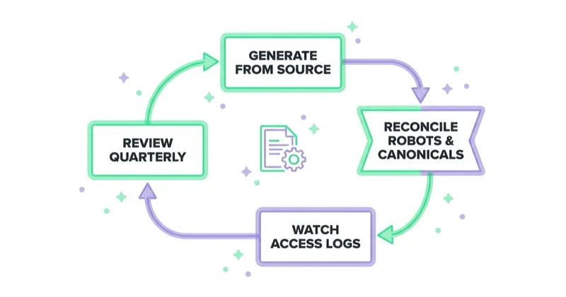 Maintenance loop for llms.txt: generate from source of truth, reconcile with robots and canonicals, watch access logs, review quarterly.