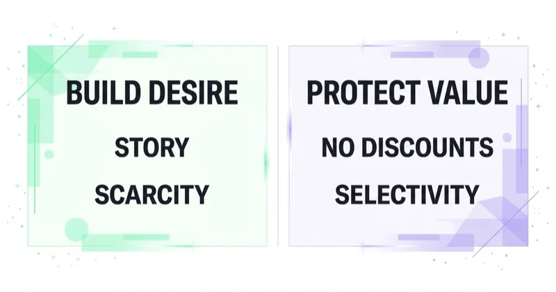 Luxury marketing is two-sided — build desire through story and scarcity while protecting value with no discounts and selectivity.