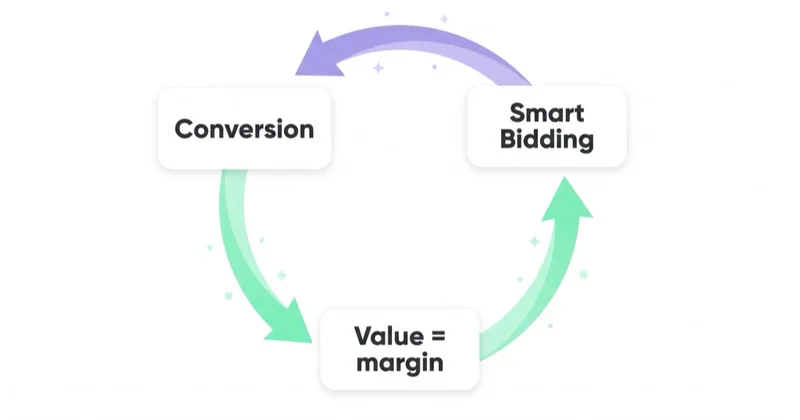 Bidding loop where each conversion passes a value equal to margin, which Smart Bidding uses to set bids and feed back into the next conversion.