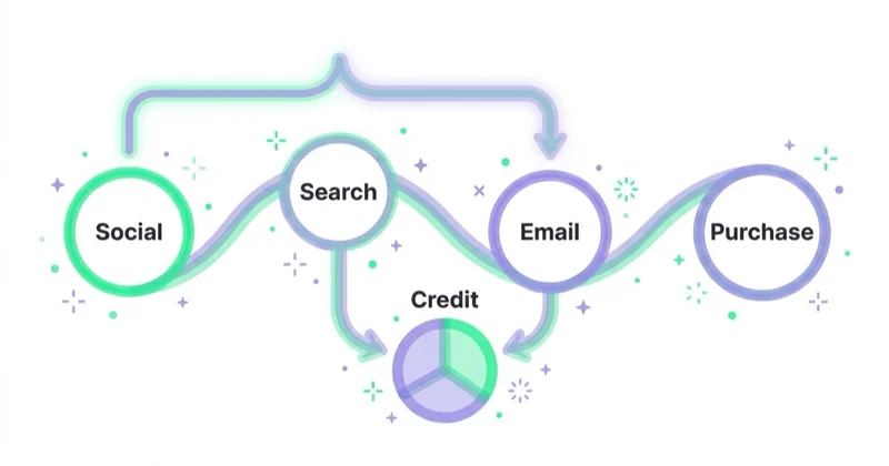 Diagram: attribution splitting conversion credit across touchpoints.
