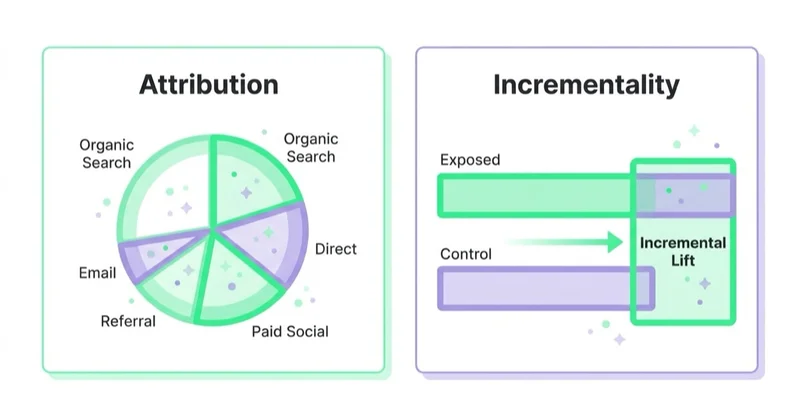 Diagram: attribution (credit) versus incrementality (causal lift).