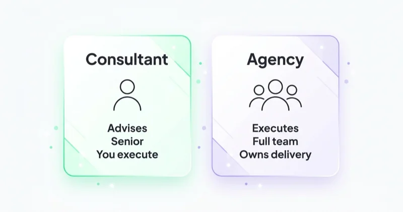 Consultant versus agency — a consultant advises while you execute; an agency executes and owns delivery.