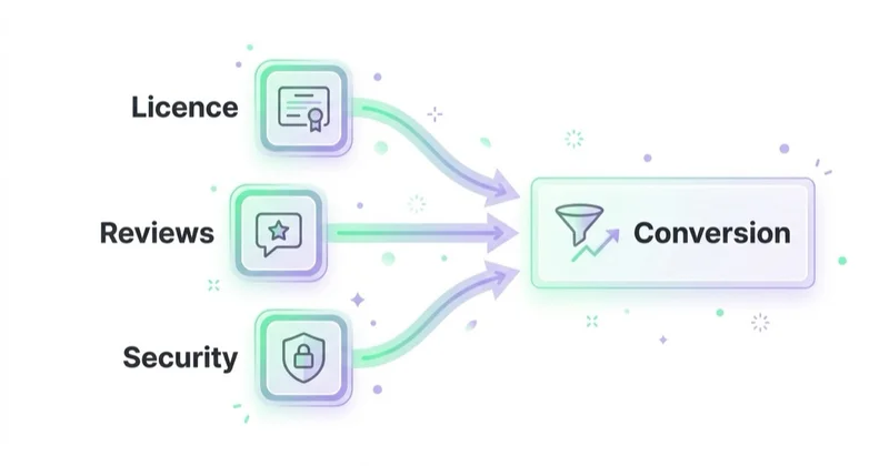 Trust signals — licence, reviews, security — as the conversion lever in financial services.