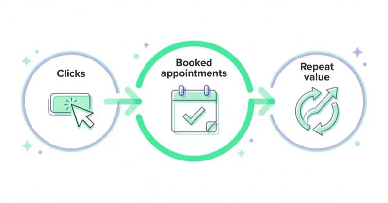Flow from clicks to booked appointments to repeat value — the med spa acquisition path.