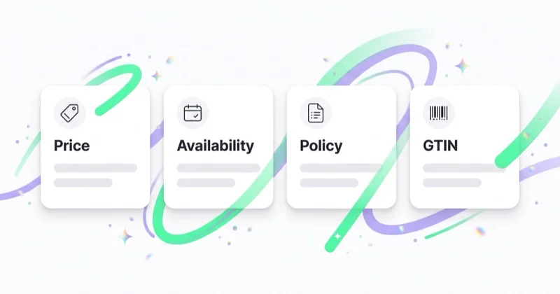 Four common causes of Merchant Center product disapprovals shown as labelled cards: Price, Availability, Policy and GTIN.