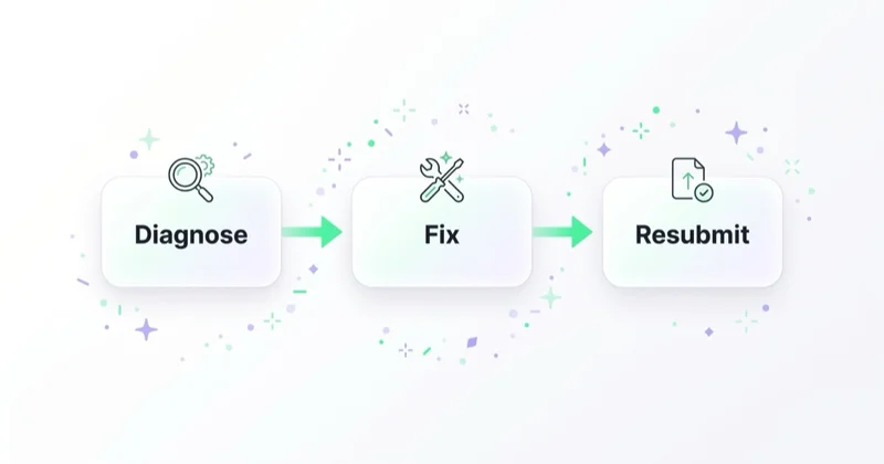 Three-step repair workflow for a disapproved product: Diagnose, then Fix, then Resubmit, connected by mint arrows.