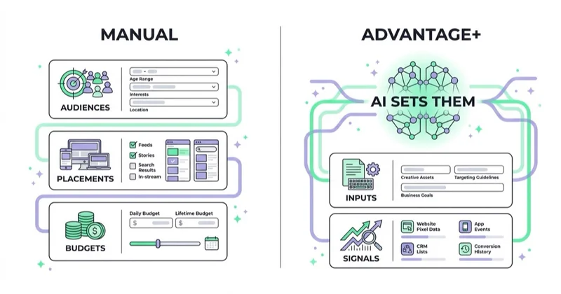 Diagram: what Advantage+ automates versus manual.