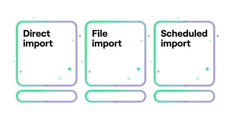 Diagram: Google Ads import: direct, file-based and repeated — Direct import, File import, Scheduled import.