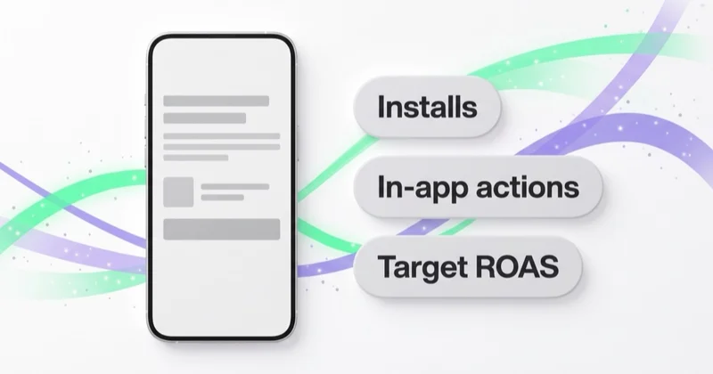 Diagram of a smartphone showing an app-install ad beside three Google App campaign bid modes: Installs, In-app actions and Target ROAS.