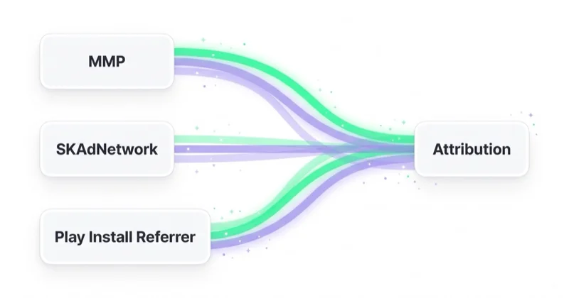 Diagram of the mobile app measurement layer, showing MMP, SKAdNetwork and Play Install Referrer as three sources feeding a single Attribution layer.