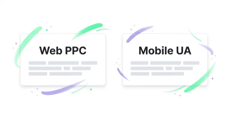 Comparison diagram showing Web PPC and Mobile UA as two independent cards, illustrating that mobile user acquisition is a different discipline from web PPC.