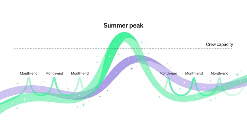 Moving demand peaks in summer and at month-end, capped by crew capacity.