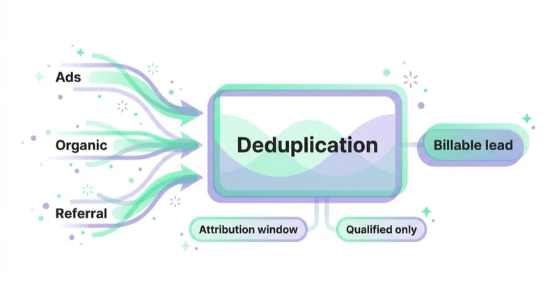 Diagram: attribution and deduplication producing one billable lead.