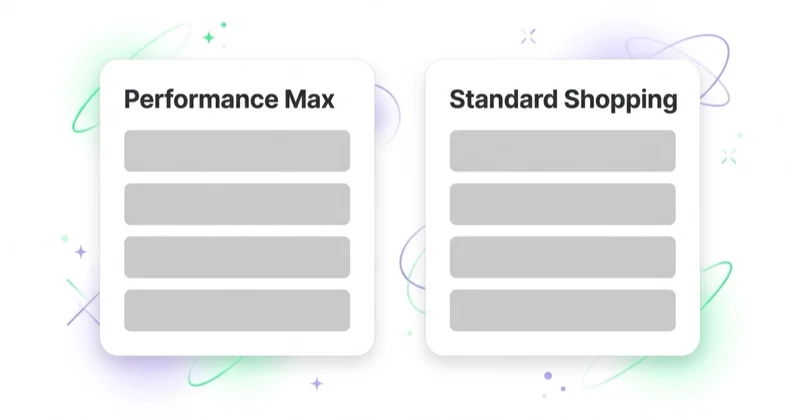 Two side-by-side cards comparing Performance Max and Standard Shopping as two separate Google Ads campaign types for an ecommerce store.