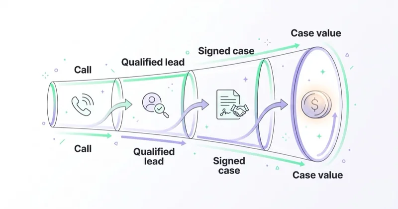 Personal injury measurement funnel: call, qualified lead, signed case and case value.