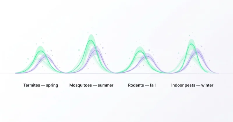 Seasonal pest calendar across the year: termites in spring, mosquitoes in summer, rodents in fall and indoor pests in winter.