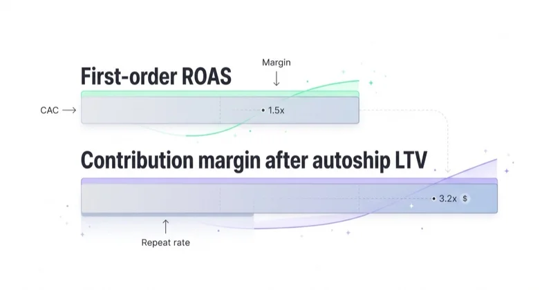 First-order ROAS versus contribution margin after autoship lifetime value