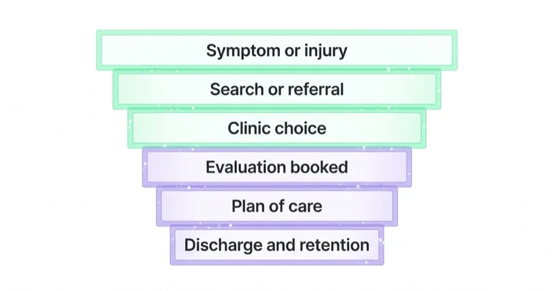 Six-stage physical therapy patient journey funnel from symptom or injury to plan of care and retention