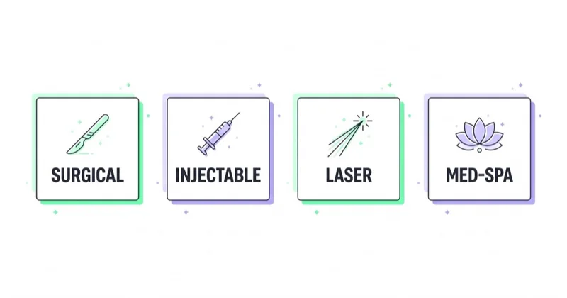 Cosmetic accounts should separate procedure categories: surgical, injectable, laser and med-spa.