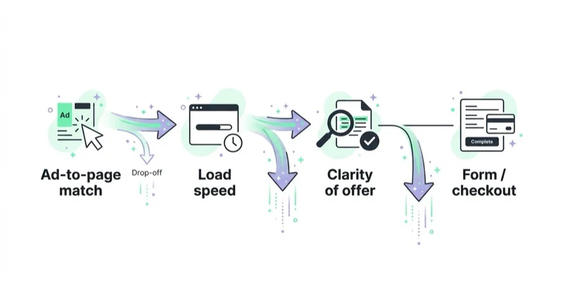 Diagram: four places the click-to-conversion gap begins.