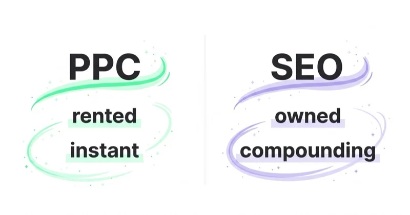 PPC is rented and instant; SEO is owned and compounding.