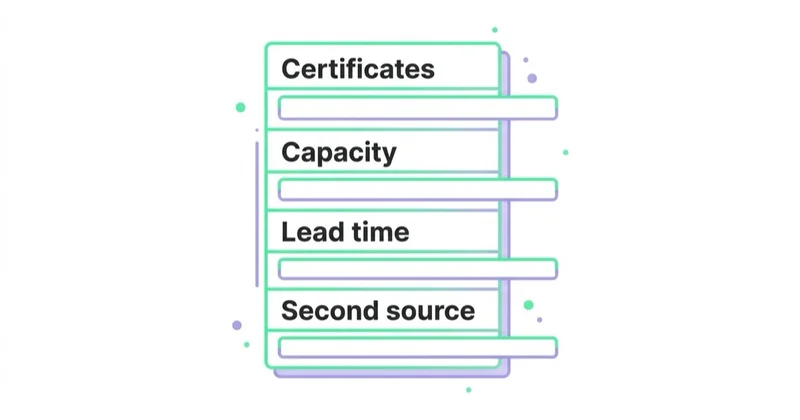 Diagram: Supplier due diligence beyond the sales sample — Certificates, Capacity, Lead time, Second source.