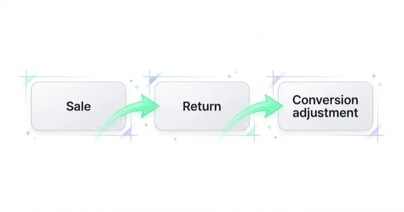 Three-node flow showing how a sale becomes a return and then a conversion adjustment in Google Ads.