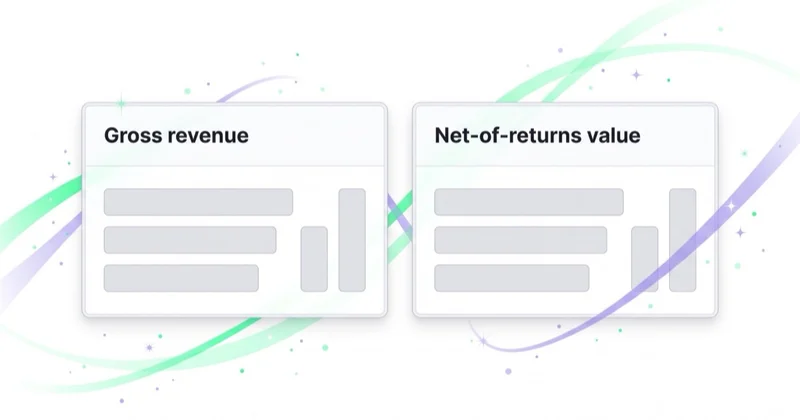 Two separate cards comparing gross revenue against net-of-returns value for an ecommerce order.
