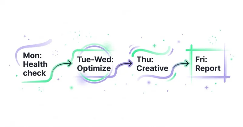 A weekly agency cadence: Monday health check, mid-week optimization, Thursday creative, Friday reporting.