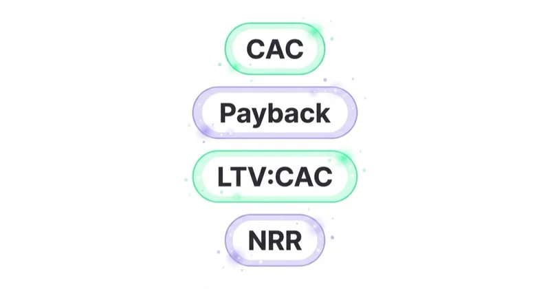 A vertical stack of four SaaS unit-economics metric chips labelled CAC, Payback, LTV:CAC and NRR.