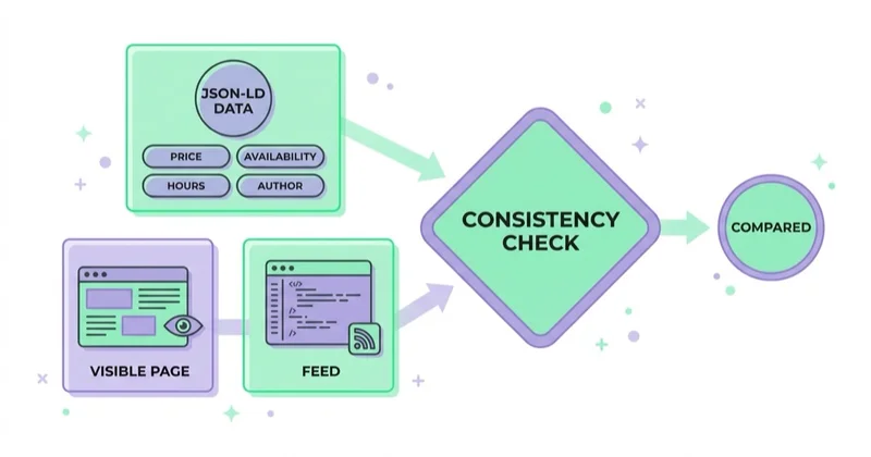 Consistency check: JSON-LD price, availability, hours and author compared against the visible page and the feed.