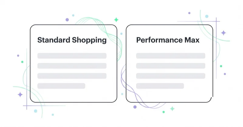 Side-by-side comparison of Standard Shopping and Performance Max as two separate Google Ads campaign types for a Shopify store.