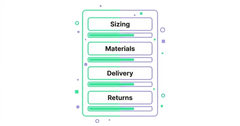 Diagram: Improve the product pages that can change a decision — Sizing, Materials, Delivery, Returns.