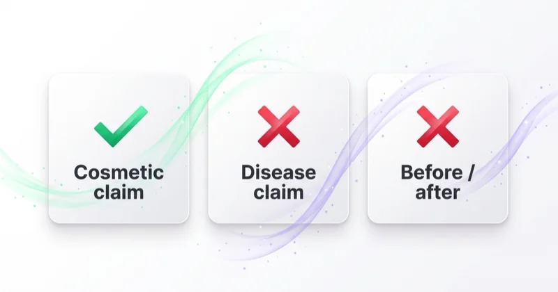 Beauty ad claims: cosmetic claims are allowed, while disease claims and before/after imagery are prohibited.