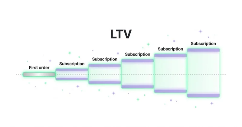 Beauty customer value over time: first order near break-even, then subscription reorders build LTV.