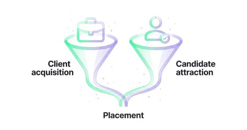The two staffing funnels: client acquisition and candidate attraction, both leading to placements.